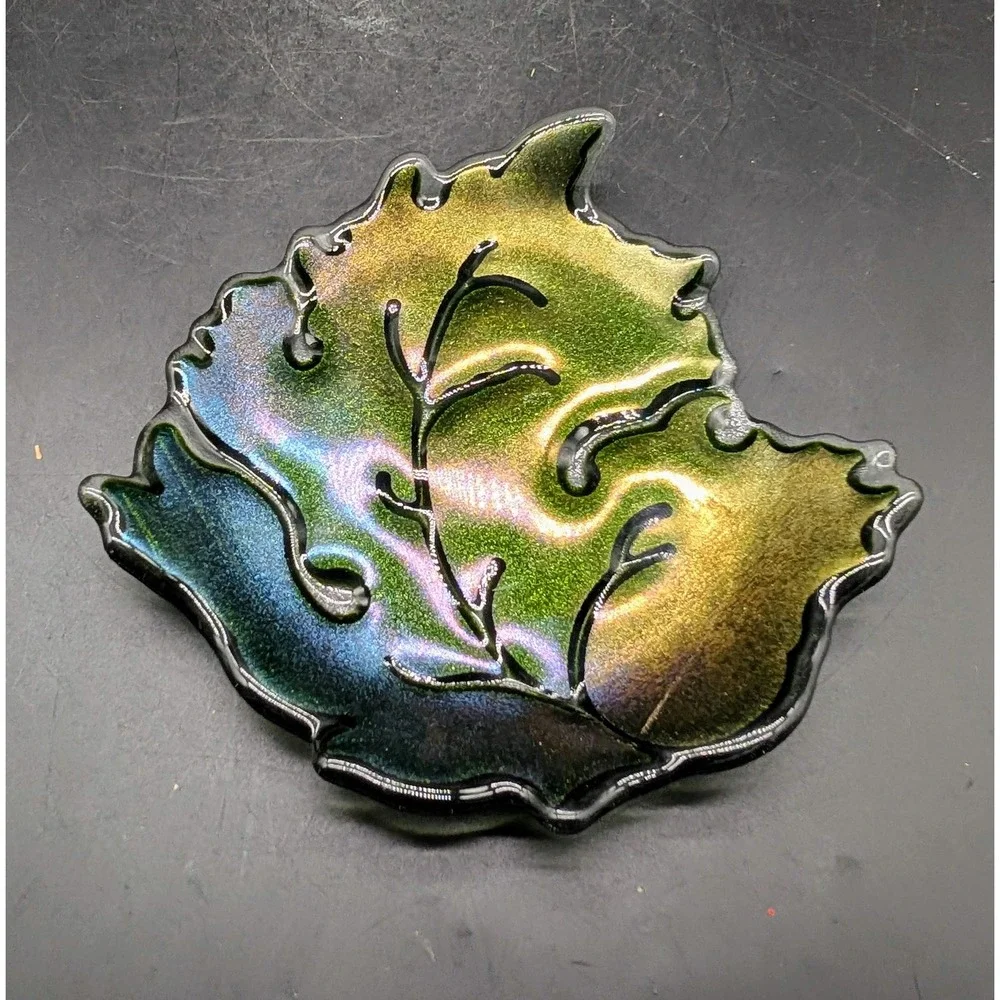 Claritas Studio Fused Art Glass Leaf Dish Iridescent Green Gold M Leeds Signed
